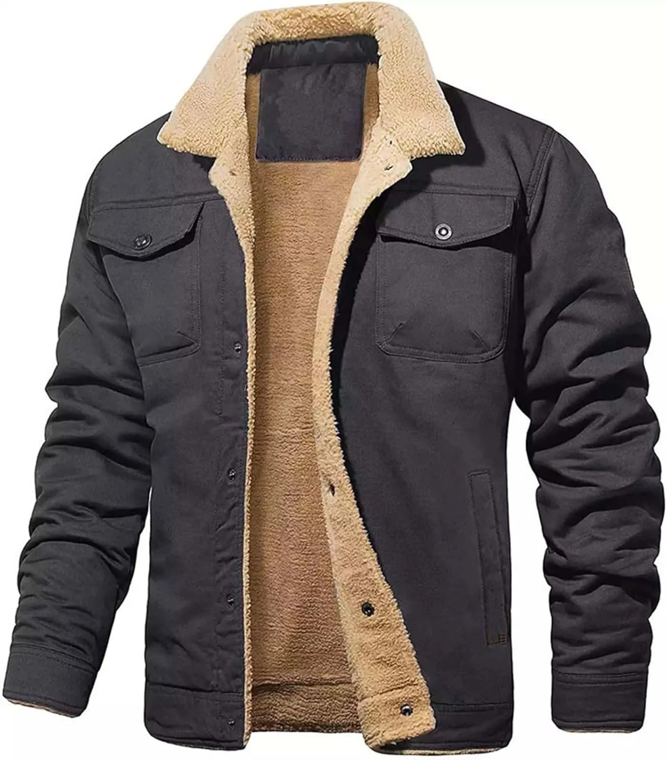 Jacket for Men Fashion Fleece Lined Winter Coat Vintage Trucker Lapel Collar Denim Jacket Warm Button down Cargo Jackets