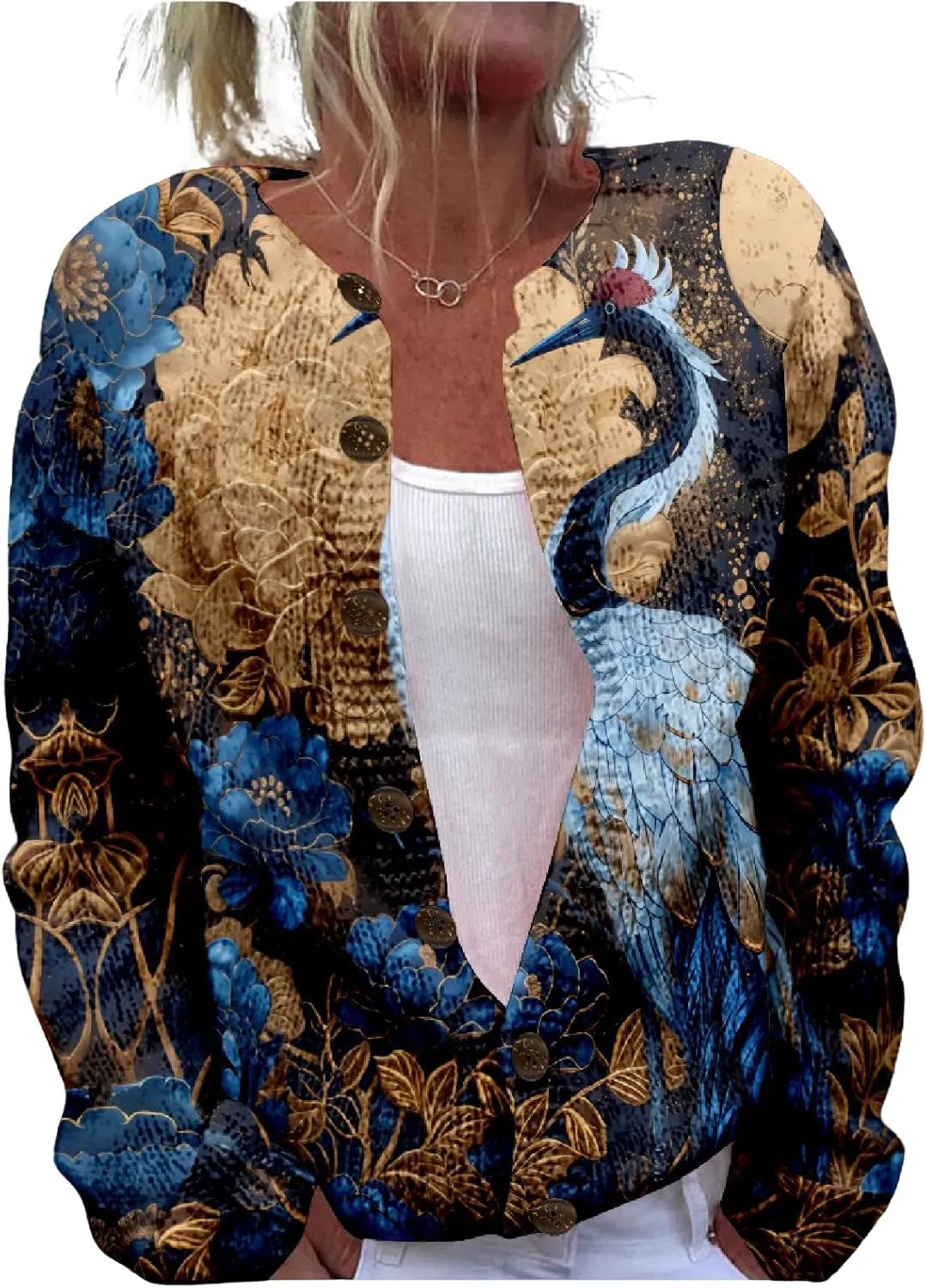 Japanese Print Sweater for Women Crane Graphic Chunky Cardigan Plus Size Button Up Knitted 2024 Winter Sweater