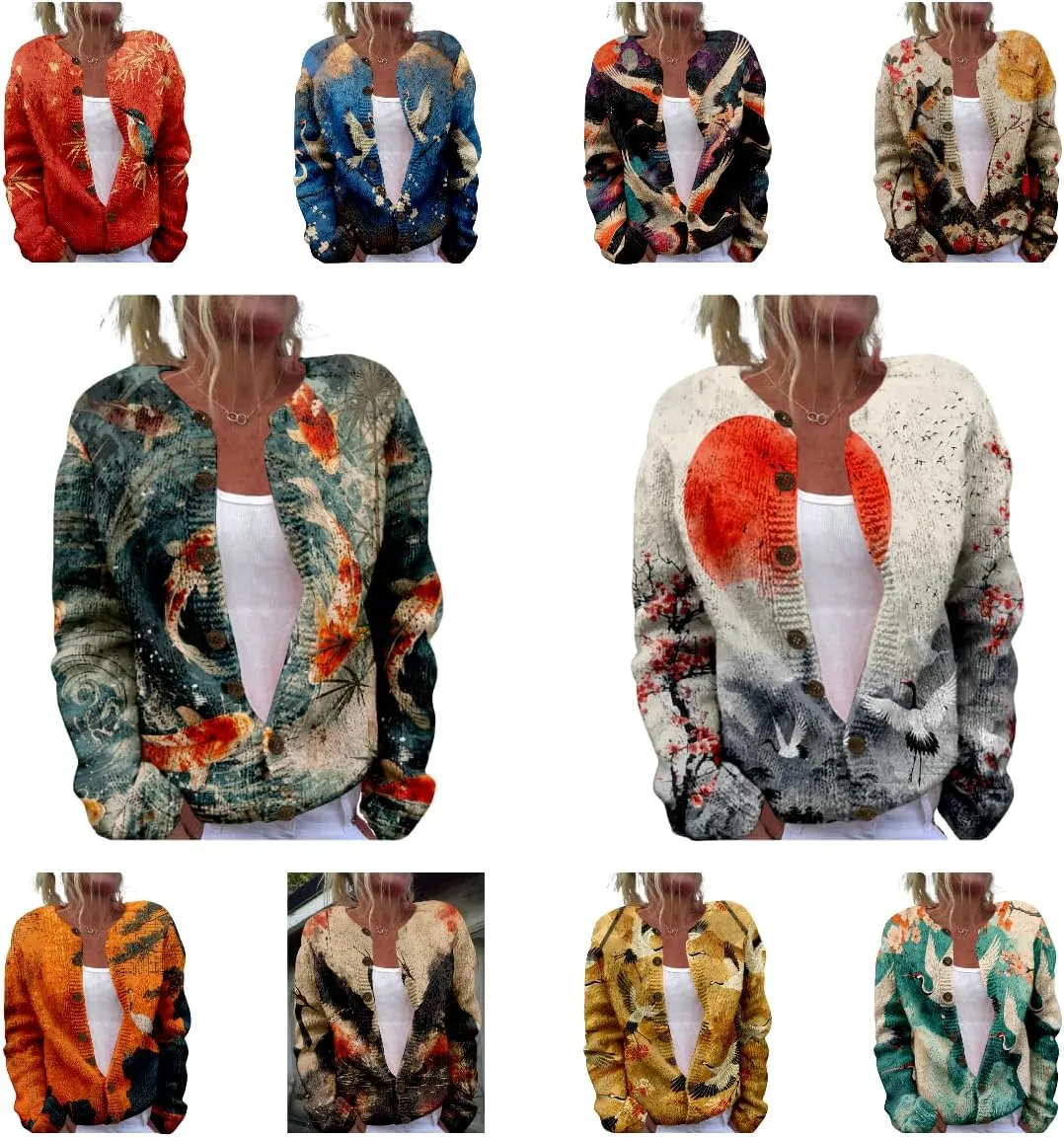 Japanese Print Sweater for Women Crane Graphic Chunky Cardigan Plus Size Button Up Knitted 2024 Winter Sweater