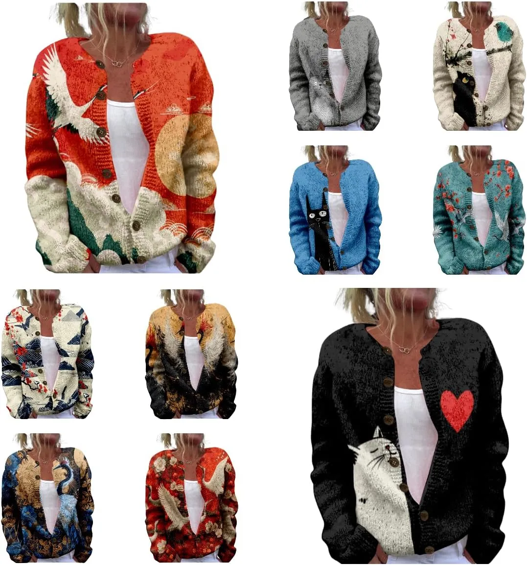 Japanese Print Sweater for Women Crane Graphic Chunky Cardigan Plus Size Button Up Knitted 2024 Winter Sweater