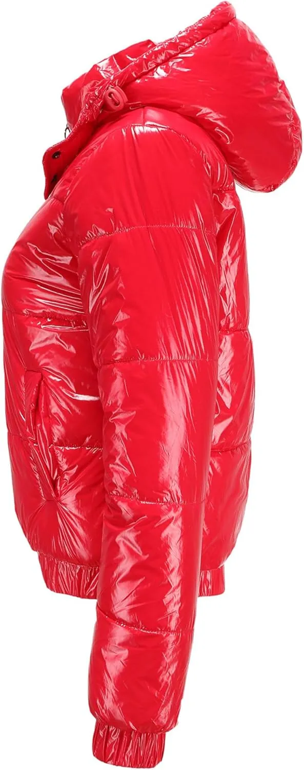 JEsilunmaMY Women's Shiny Short Winter Down Jacket Fashion Hooded Cropped Puffer Jacket Warm Thicken Padded Coats with Pocket