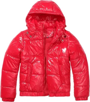 JEsilunmaMY Women's Shiny Short Winter Down Jacket Fashion Hooded Cropped Puffer Jacket Warm Thicken Padded Coats with Pocket