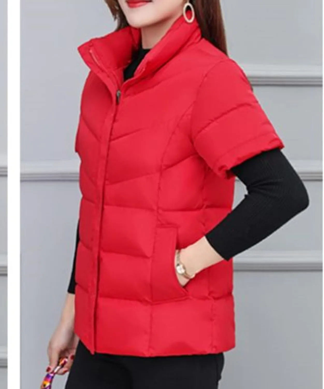JEsilunmaMY Women's Short Sleeve Crop Puffer Vest Stand Collar Thick Down Coats with Pocket Winter Coat Warm Padded Jacket