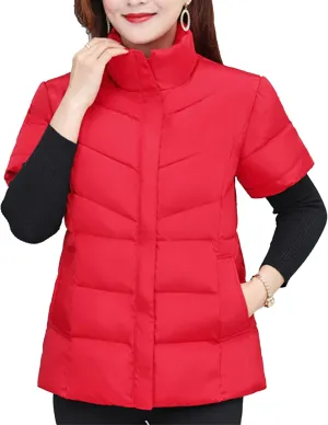 JEsilunmaMY Women's Short Sleeve Crop Puffer Vest Stand Collar Thick Down Coats with Pocket Winter Coat Warm Padded Jacket
