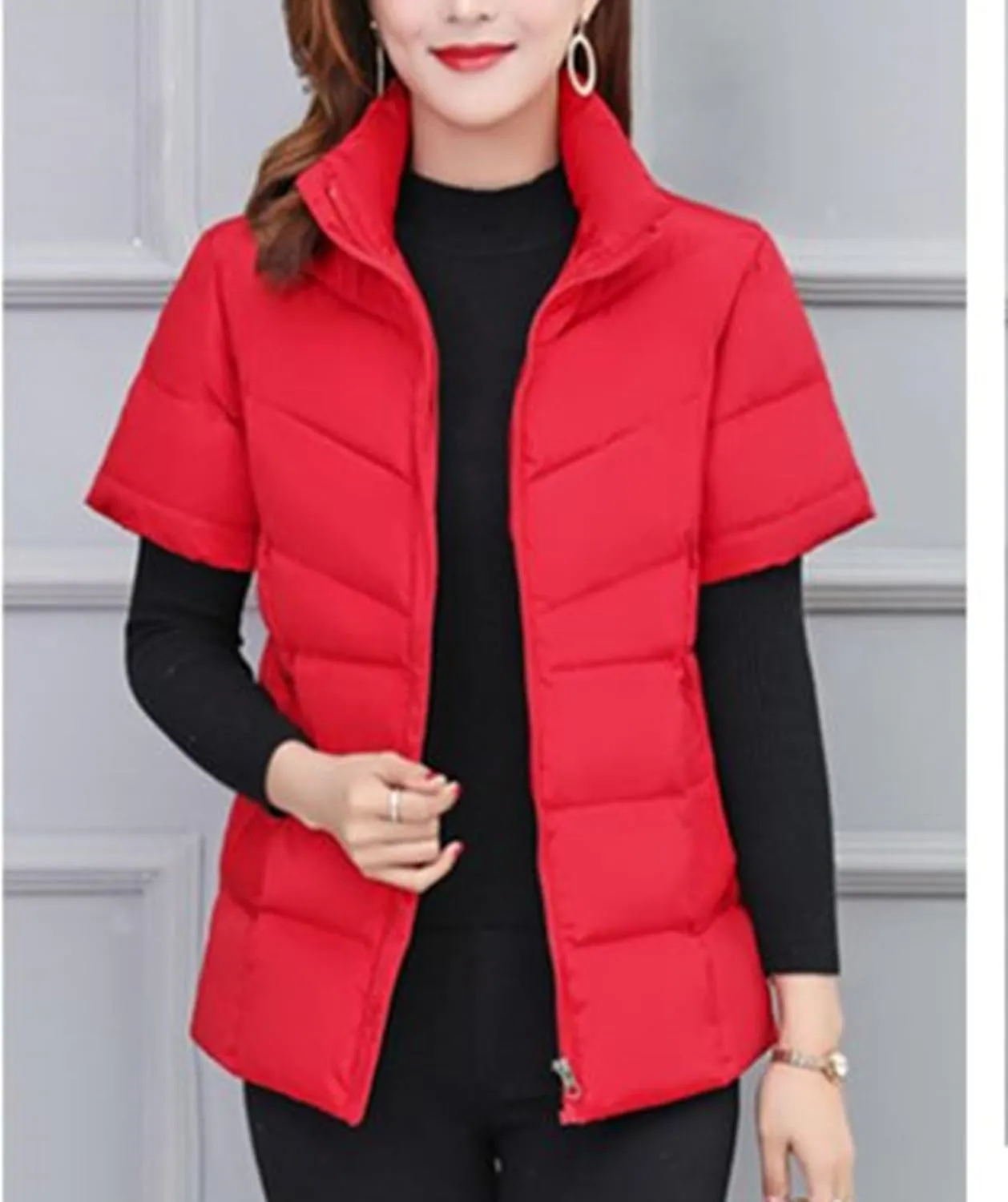 JEsilunmaMY Women's Short Sleeve Crop Puffer Vest Stand Collar Thick Down Coats with Pocket Winter Coat Warm Padded Jacket