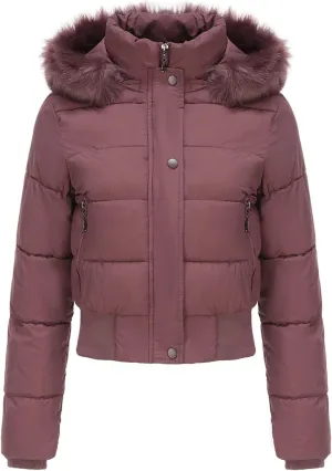JOAU Women's Cotton Padded Puffer Jackets Zip Up Quilted Down Outwear Winter Warm Detachable Fur Hooded Pockets Short Coats