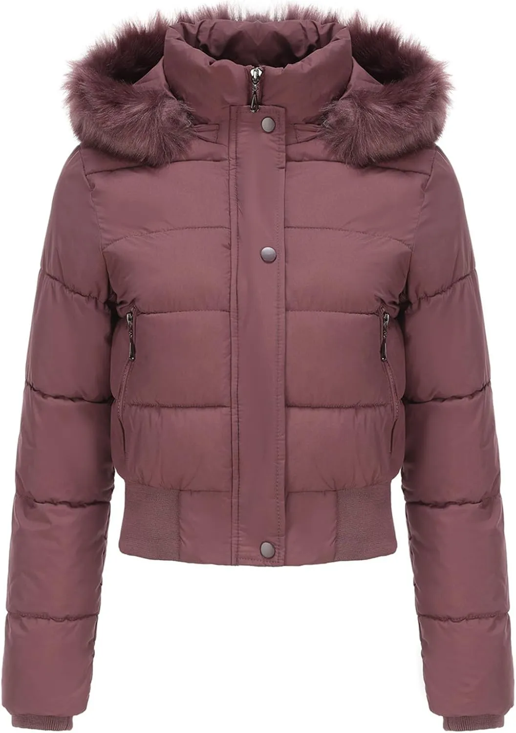 JOAU Women's Cotton Padded Puffer Jackets Zip Up Quilted Down Outwear Winter Warm Detachable Fur Hooded Pockets Short Coats