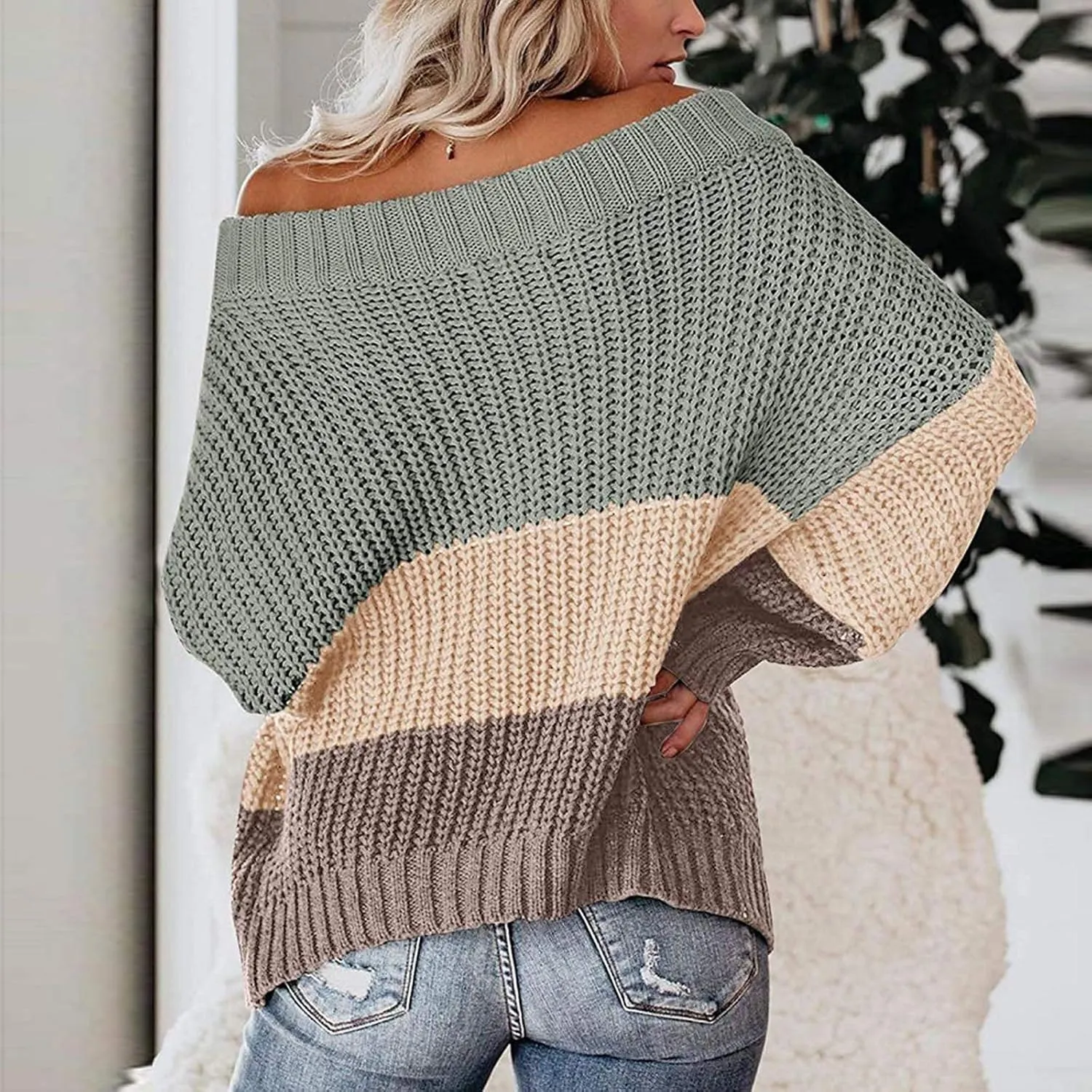 JOAU Womens Oversized Sweater Color Block Off The Shoulder Pullover Sweaters Cable Knit Chunky Striped Casual Knit Tops