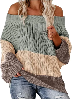 JOAU Womens Oversized Sweater Color Block Off The Shoulder Pullover Sweaters Cable Knit Chunky Striped Casual Knit Tops