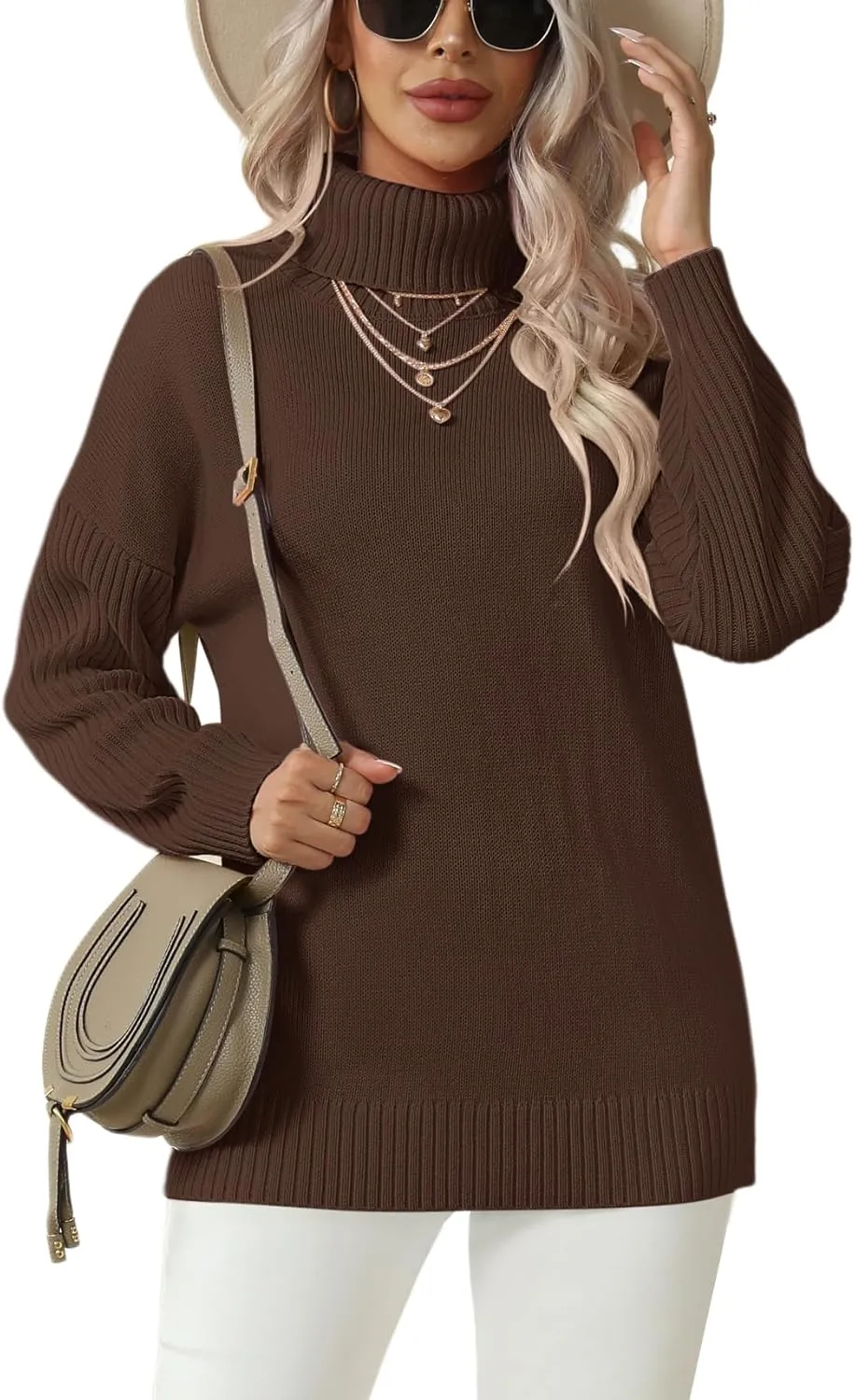 Jouica Women 2024 Fall Casual Turtleneck Batwing Sleeve Chunky Oversized Ribbed Knit Tunic Sweaters Pullover