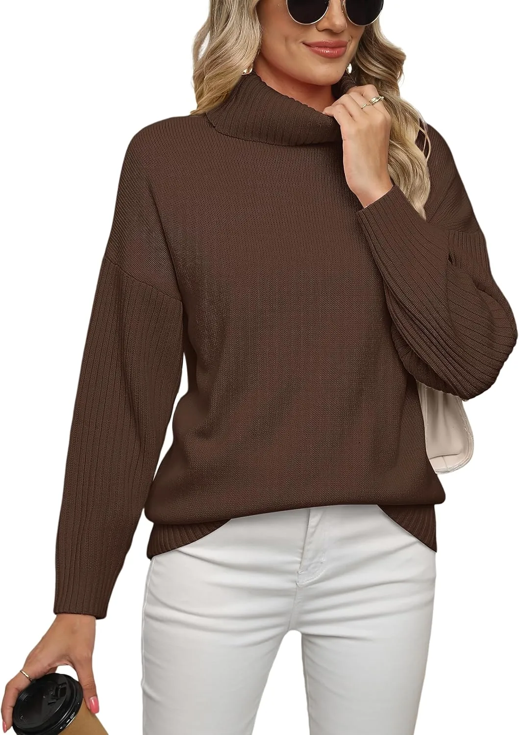Jouica Women 2024 Fall Casual Turtleneck Batwing Sleeve Chunky Oversized Ribbed Knit Tunic Sweaters Pullover
