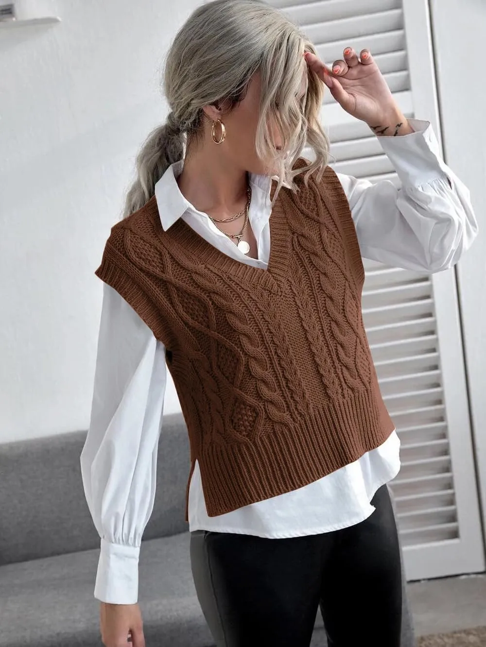 Jumppmile Womens V Neck Sweater Vest Sleeveless Pullover Crop Sweater Vest