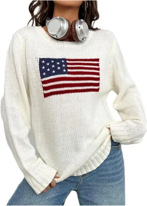 Karwuiio Women's Flag Pattern Long Sleeve Crew Neck Sweater Casual Loose 4th of July Pullover Sweater
