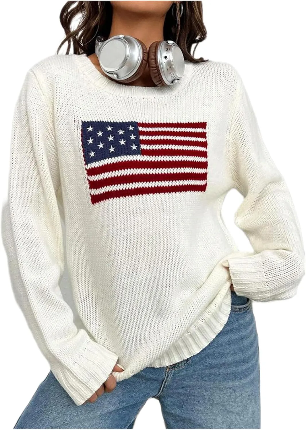 Karwuiio Women's Flag Pattern Long Sleeve Crew Neck Sweater Casual Loose 4th of July Pullover Sweater