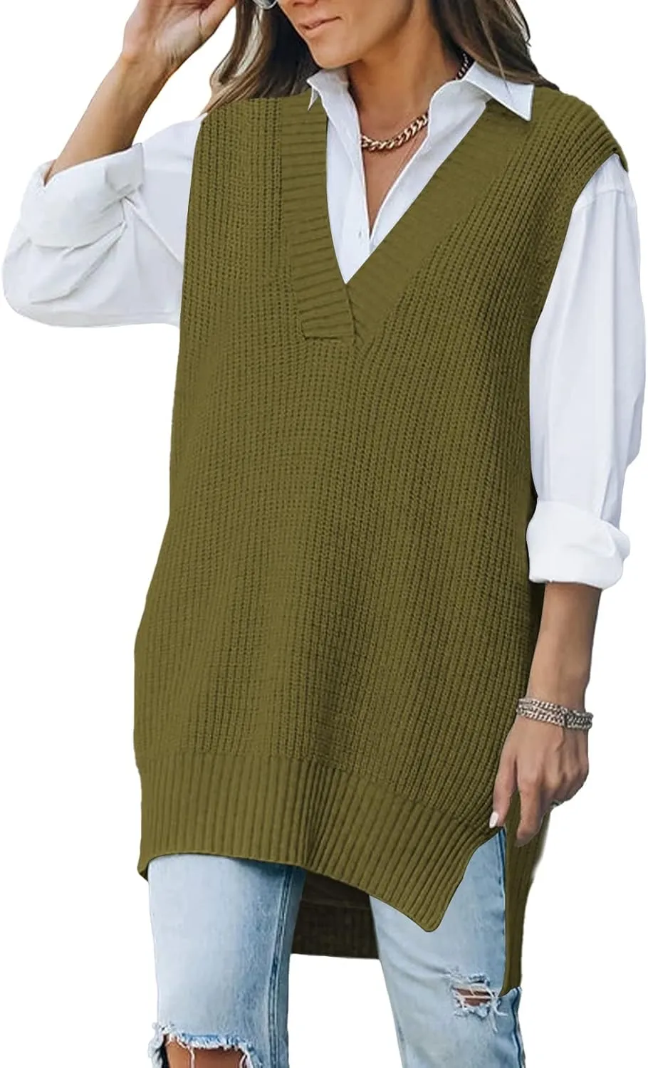 Kisscynest Women's Oversized V Neck Knitted Sweater Vest Casual Loose Sleeveless Sweater Pullover