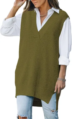 Kisscynest Women's Oversized V Neck Knitted Sweater Vest Casual Loose Sleeveless Sweater Pullover