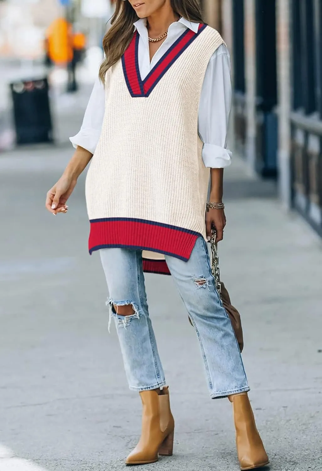 Kisscynest Women's Oversized V Neck Knitted Sweater Vest Casual Loose Sleeveless Sweater Pullover
