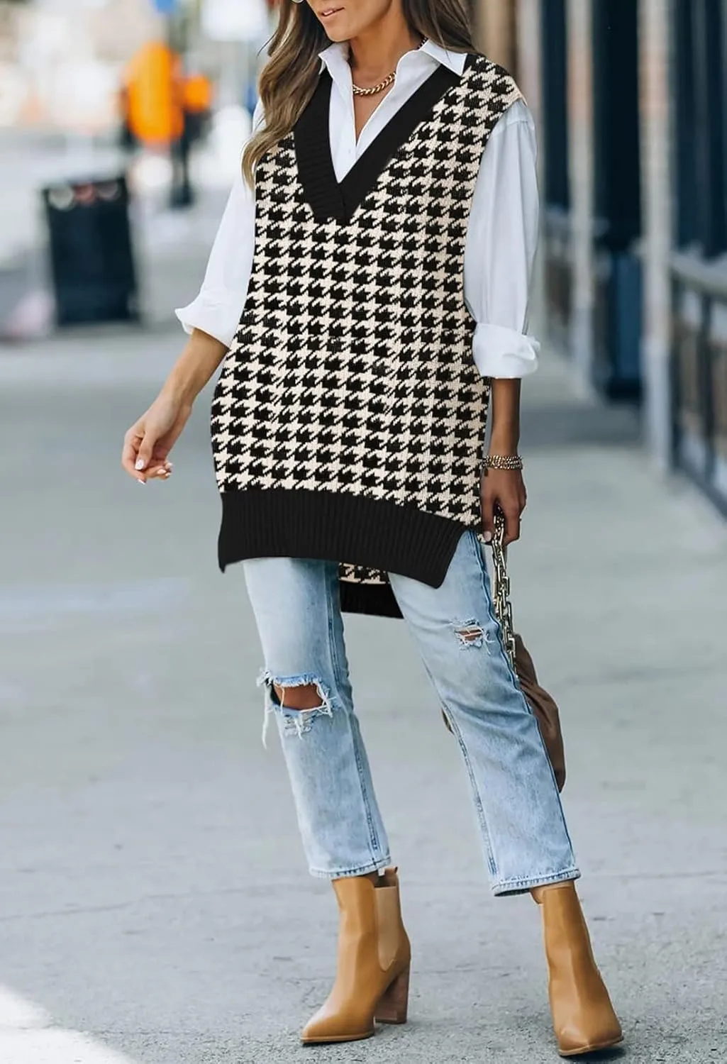 Kisscynest Women's Oversized V Neck Knitted Sweater Vest Casual Loose Sleeveless Sweater Pullover