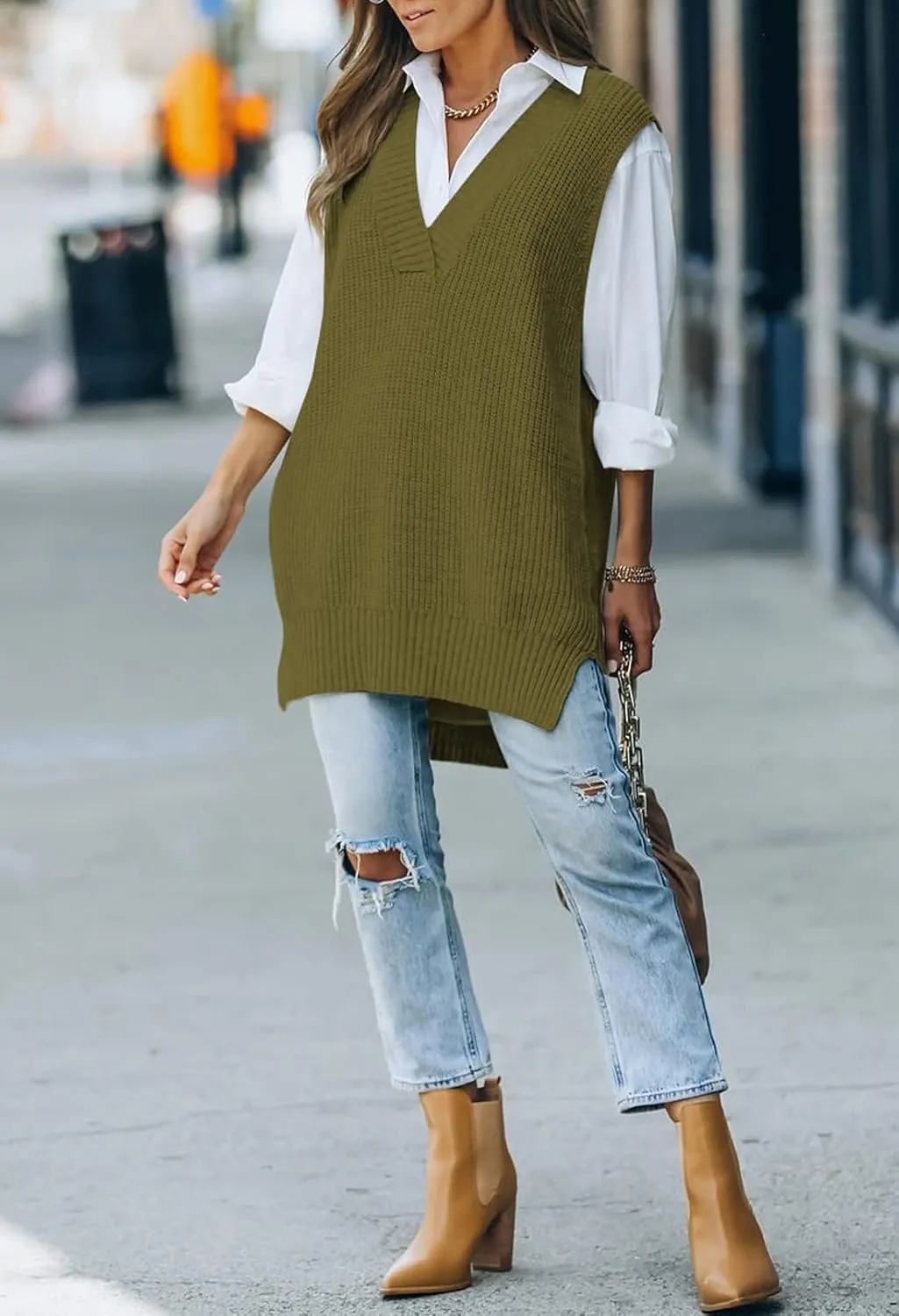 Kisscynest Women's Oversized V Neck Knitted Sweater Vest Casual Loose Sleeveless Sweater Pullover