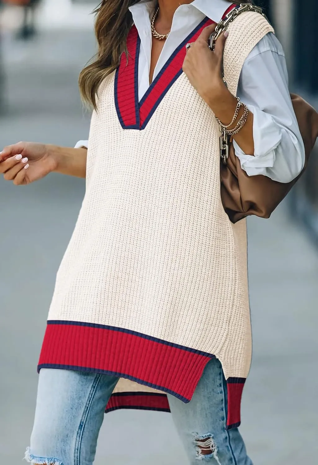 Kisscynest Women's Oversized V Neck Knitted Sweater Vest Casual Loose Sleeveless Sweater Pullover