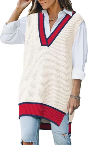 Kisscynest Women's Oversized V Neck Knitted Sweater Vest Casual Loose Sleeveless Sweater Pullover