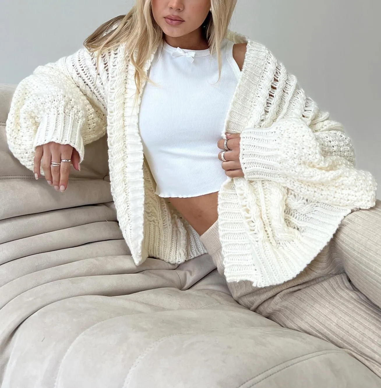 KMBANGI Women Cable Knit Cardigan Cute Oversized Drop Shoulder Sweater Open Front Jumper Top Aesthetic Clothes