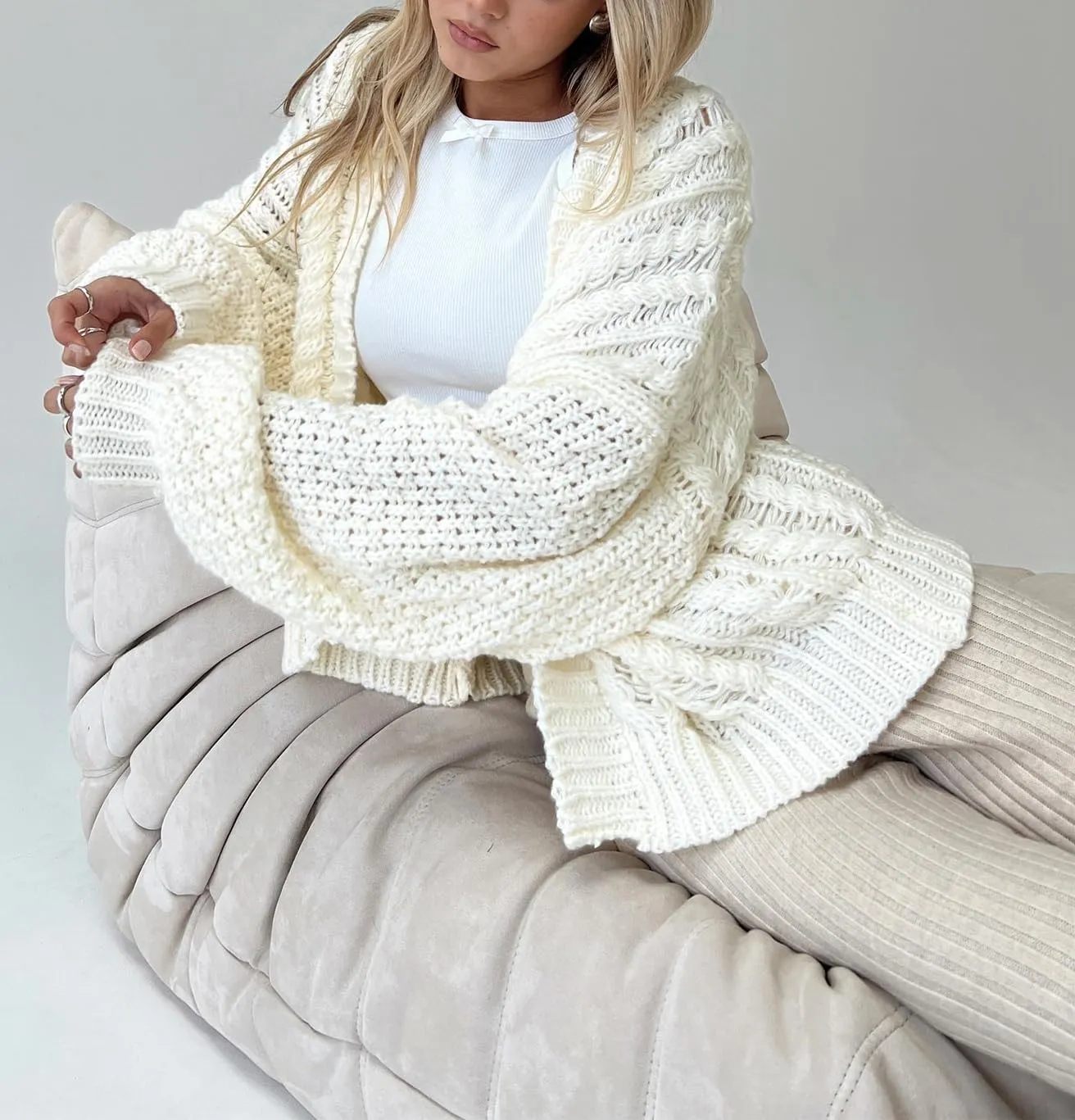 KMBANGI Women Cable Knit Cardigan Cute Oversized Drop Shoulder Sweater Open Front Jumper Top Aesthetic Clothes