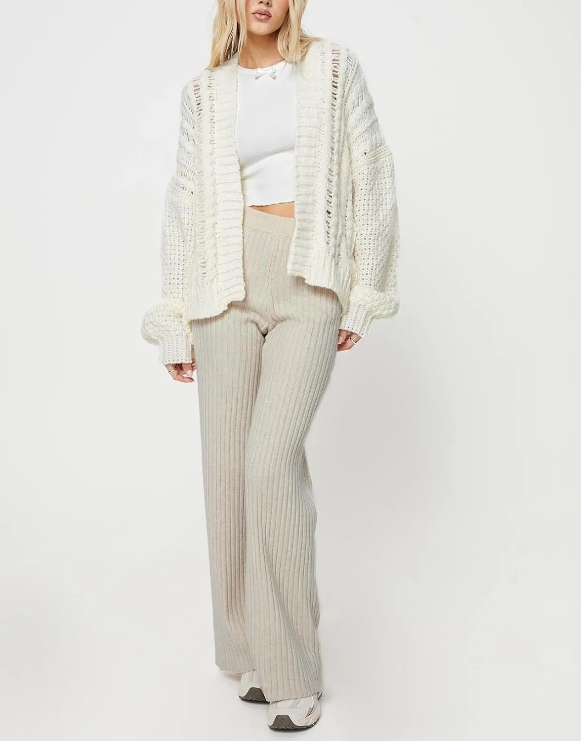 KMBANGI Women Cable Knit Cardigan Cute Oversized Drop Shoulder Sweater Open Front Jumper Top Aesthetic Clothes