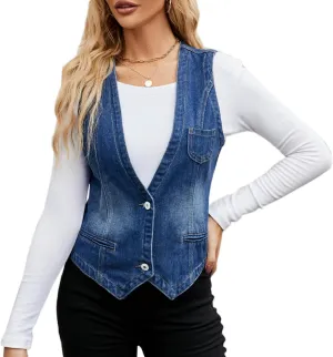 Ladyful Women's Denim Vest Top Sleeveless V Neck Jean Top Button Down Denim Waistcoat Vest