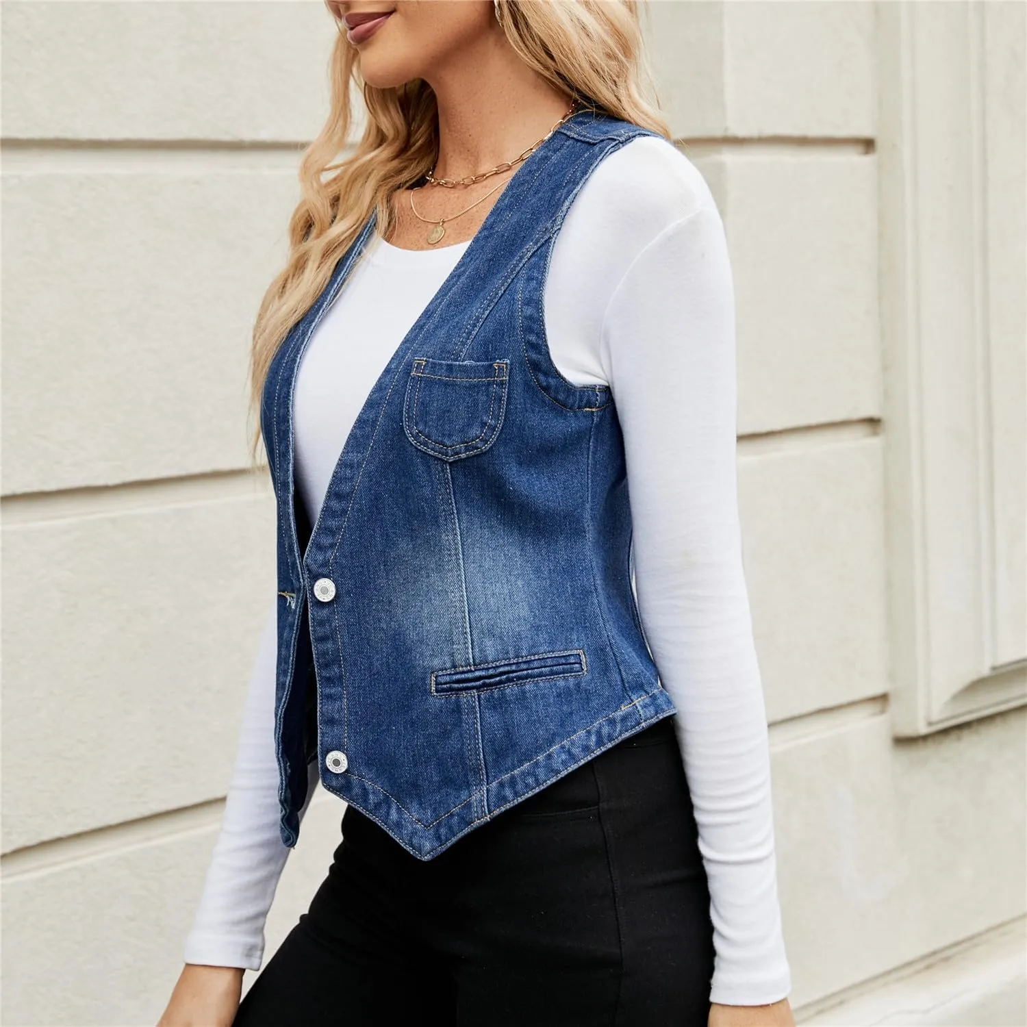 Ladyful Women's Denim Vest Top Sleeveless V Neck Jean Top Button Down Denim Waistcoat Vest