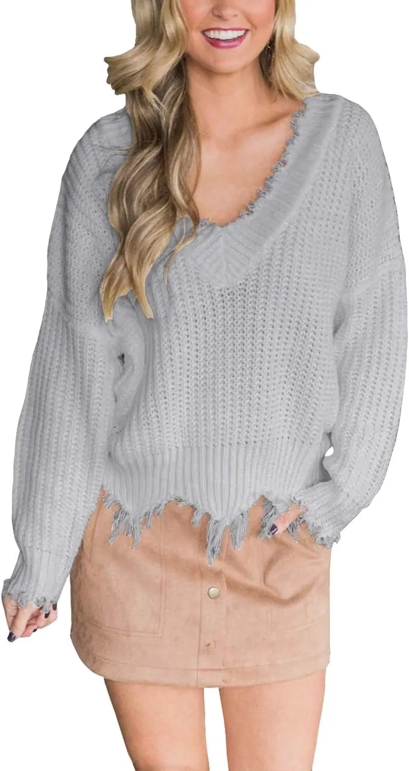 LAMISSCHE Womens Loose Knitted Off The Shoulder Sweater Solid V Neck Long Sleeve Pullover Ripped Crop Top