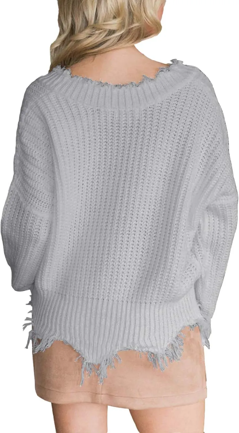 LAMISSCHE Womens Loose Knitted Off The Shoulder Sweater Solid V Neck Long Sleeve Pullover Ripped Crop Top