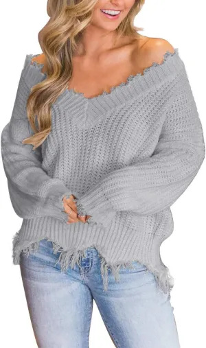 LAMISSCHE Womens Loose Knitted Off The Shoulder Sweater Solid V Neck Long Sleeve Pullover Ripped Crop Top