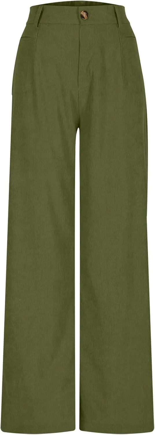 Lastesso Pants for Women Soft Corduroy High Waisted Pants with Pockets Casual Business Lounge Long Trousers Solid Slacks