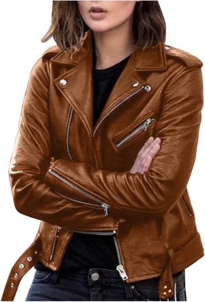 LCMTWX Womens Black Leather Jacket Tops Suit Collar Belt Stand Zip Motorcycle Coat Women's Coat Women'S Jackets Jacket