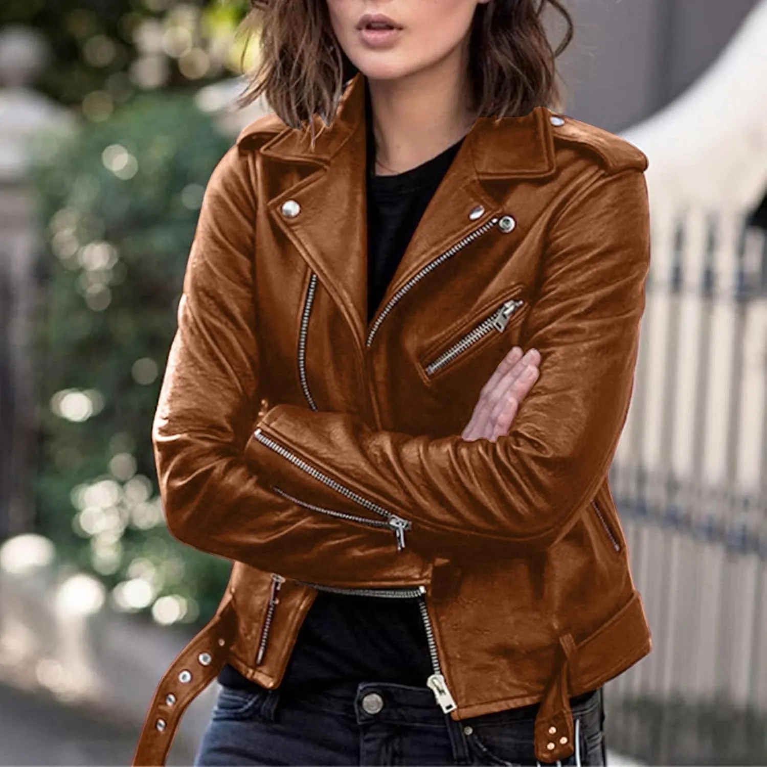 LCMTWX Womens Black Leather Jacket Tops Suit Collar Belt Stand Zip Motorcycle Coat Women's Coat Women'S Jackets Jacket