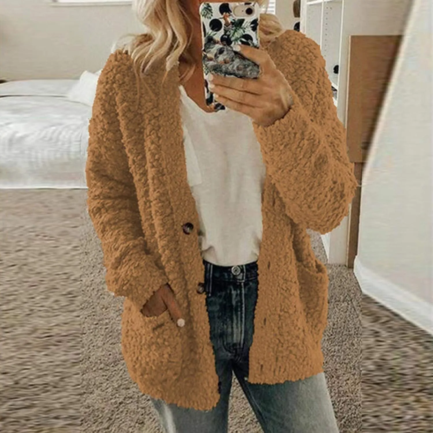 LCMTWX Womens Winter Fuzzy Fleece Jacket Outdoor Slim Outwear Office Casual Plush Cardigan Trendy Overcoat Hooded Coats