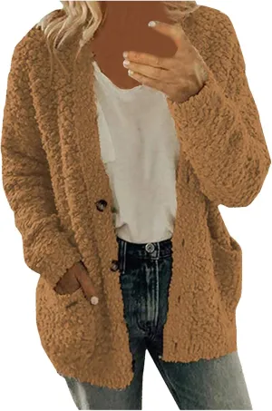 LCMTWX Womens Winter Fuzzy Fleece Jacket Outdoor Slim Outwear Office Casual Plush Cardigan Trendy Overcoat Hooded Coats
