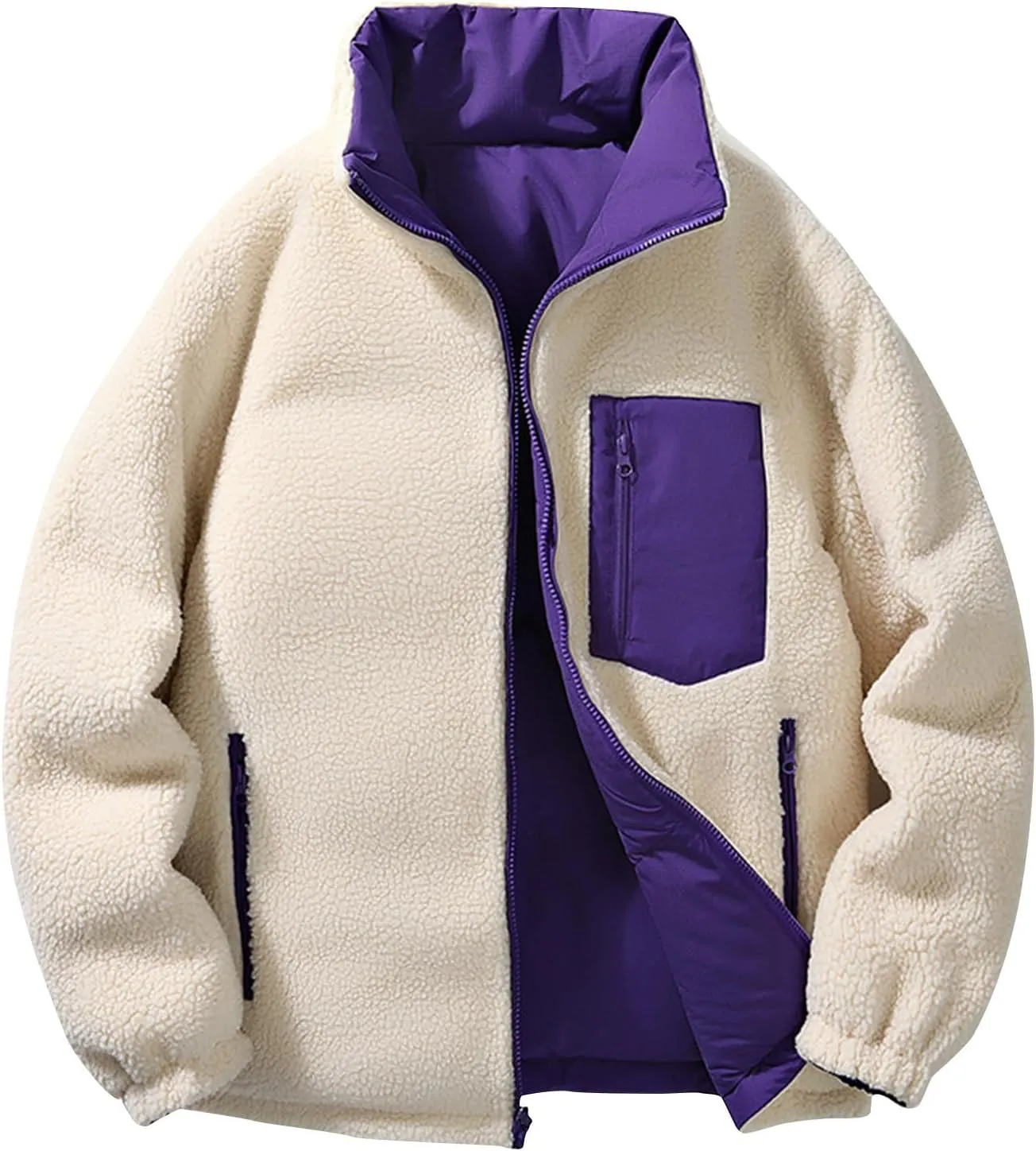 lcziwo Men's Reversible Puffer Jacket Sherpa Fleece Lined Warm Thick Quilted zip up Stand Collar cozy winter coat