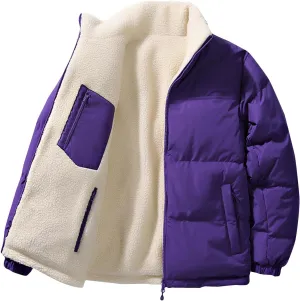 lcziwo Men's Reversible Puffer Jacket Sherpa Fleece Lined Warm Thick Quilted zip up Stand Collar cozy winter coat