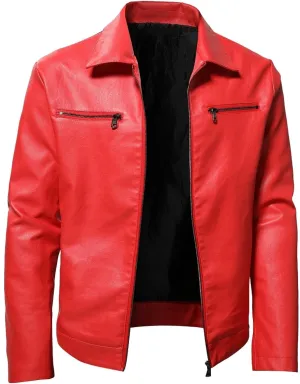 Leather Motorcycle Jacket Casual Solid Color Zipper Pocket Leather Jacket Coat Mens Winter Jackets Textile