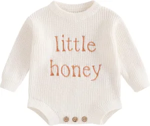 Lesimsam Newborn Baby Boy Girl Valentines Outfit Oversized Embroidery Long Sleeve Knit Sweater Bubble Romper Bodysuit