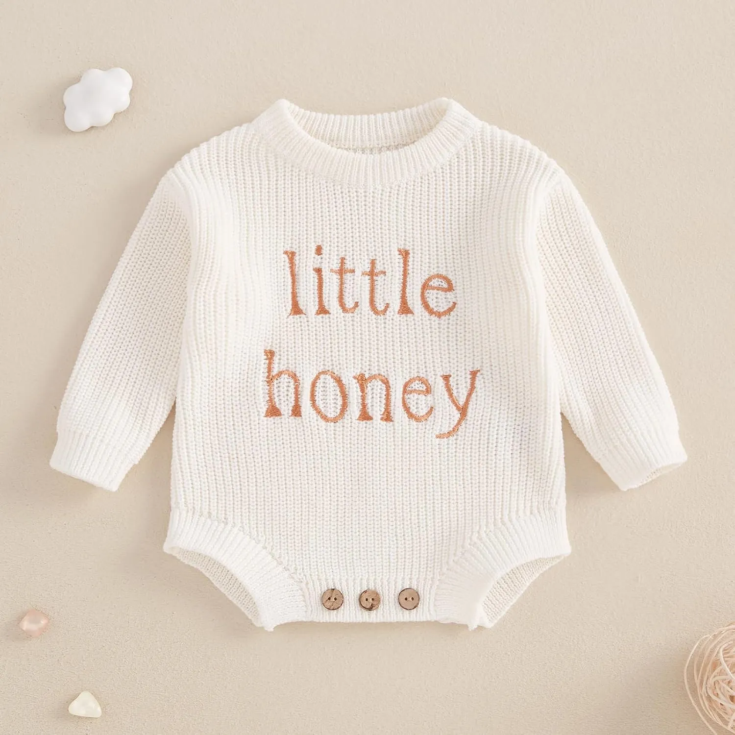 Lesimsam Newborn Baby Boy Girl Valentines Outfit Oversized Embroidery Long Sleeve Knit Sweater Bubble Romper Bodysuit