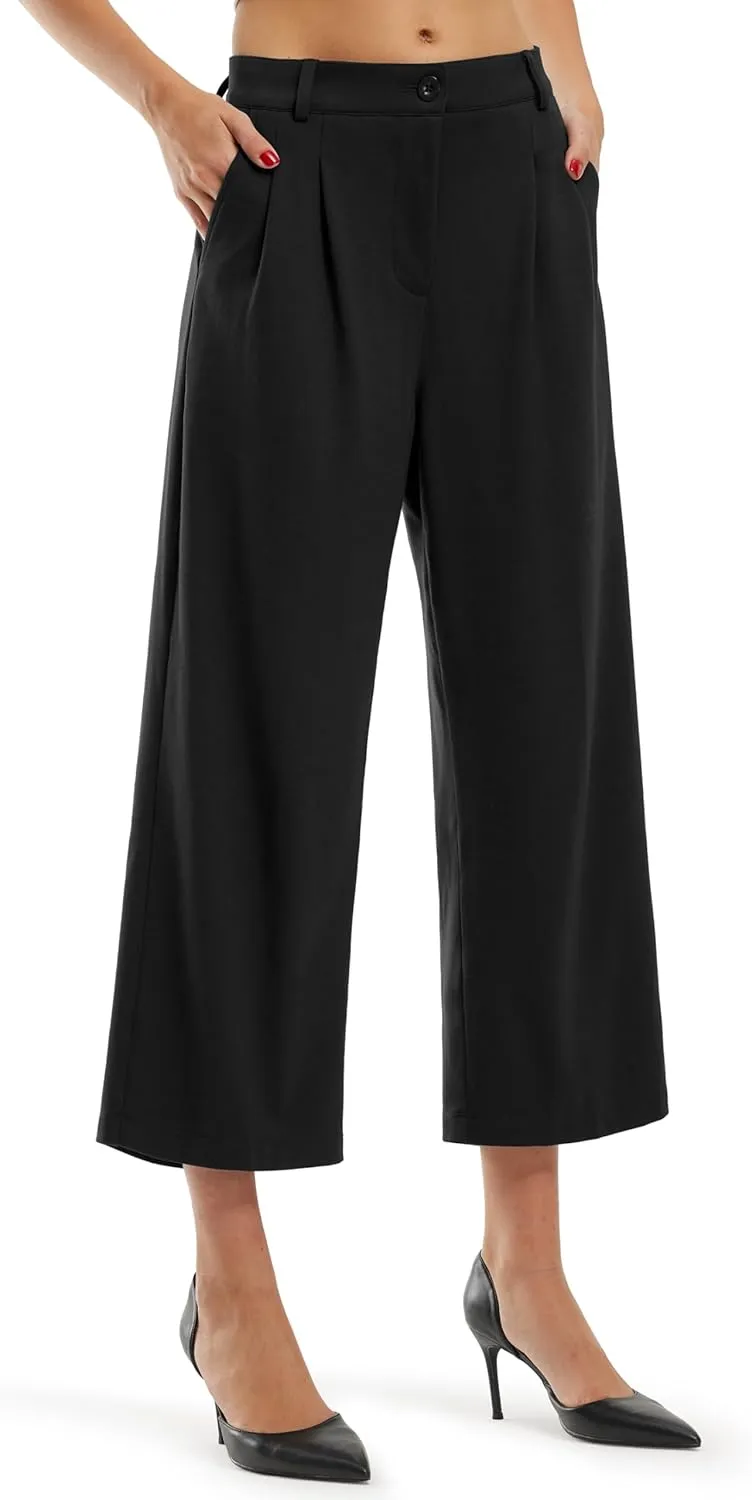 Libin Women's Wide Leg Capri Pants Business Pleated Slacks Dress Yoga Golf Casual Cropped Capris