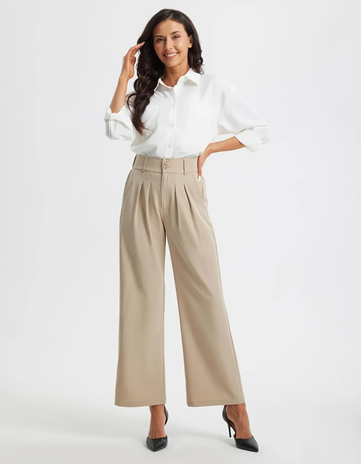 Libin Women's Wide Leg Dress Pants High Waisted Button Pleated Business Work Pants Casual Slacks Trousers with Pockets