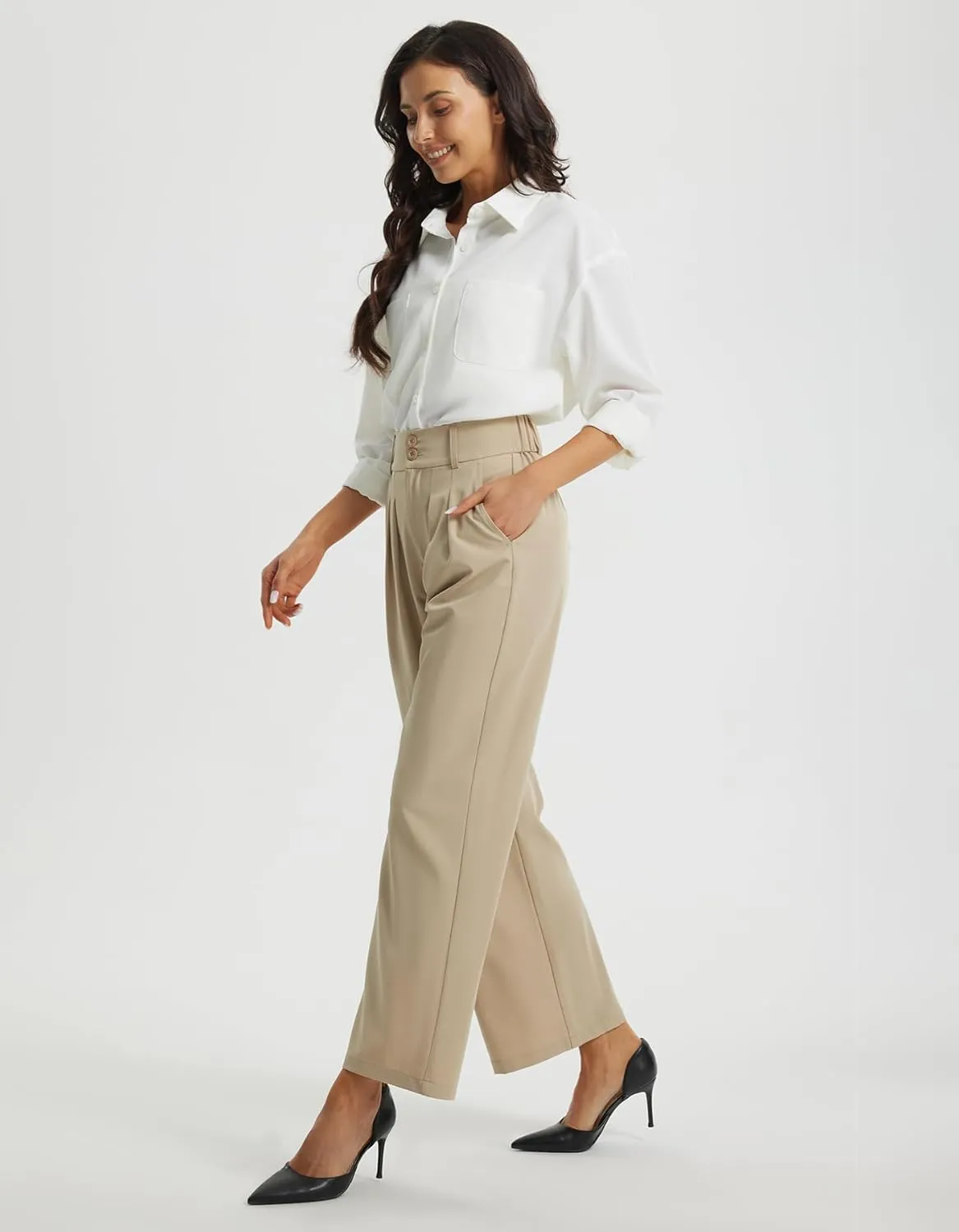 Libin Women's Wide Leg Dress Pants High Waisted Button Pleated Business Work Pants Casual Slacks Trousers with Pockets
