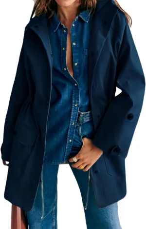 Lightweight Anorak Jacket for Women, Long Jacket Anorak with Drawstring, Hooded Parka Trench Coat with Pockets S-XXL