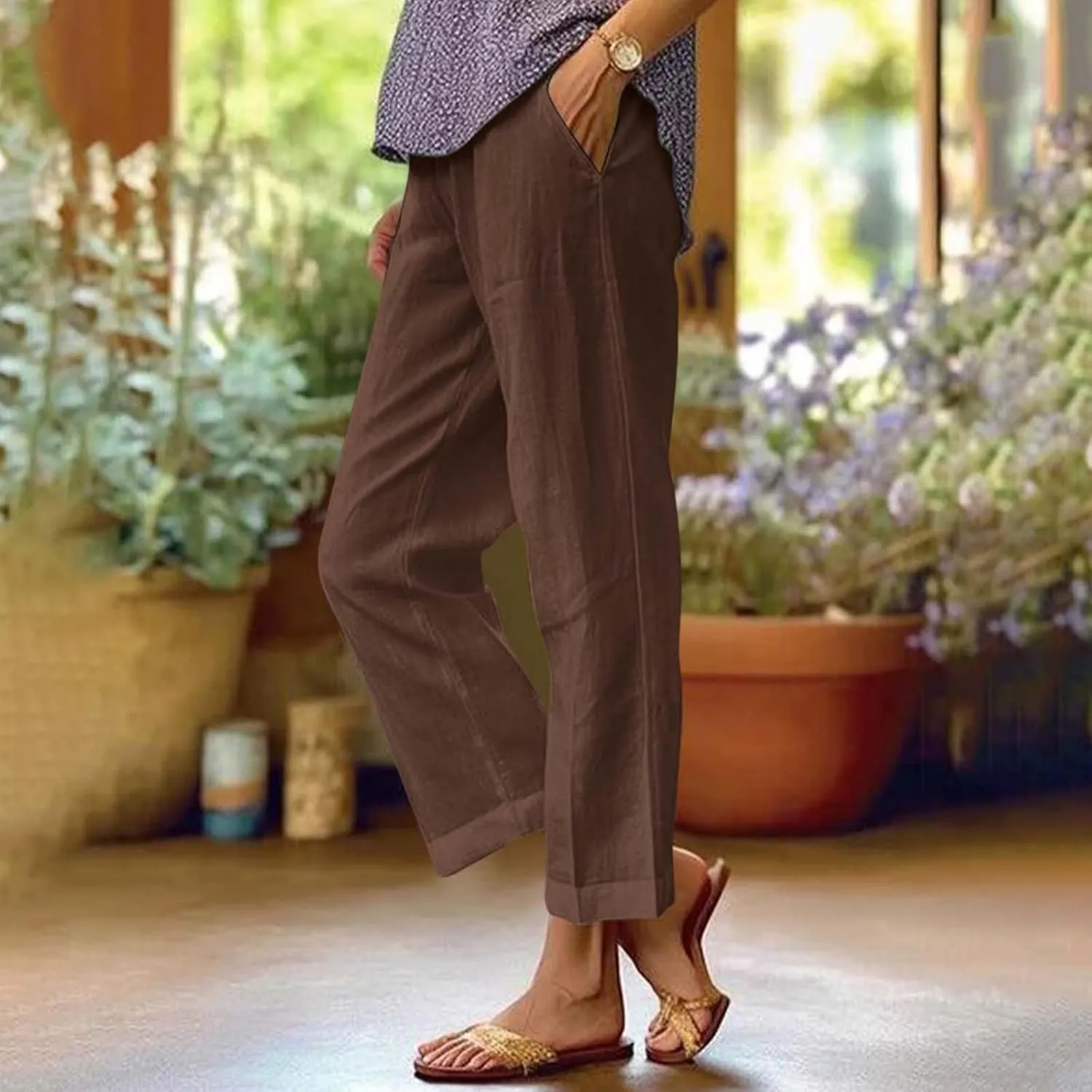 Lightweight Linen Pants for Women Summer Elastic Waisted Straight Leg Pants Casual Loose Fit Solid Color Trousers