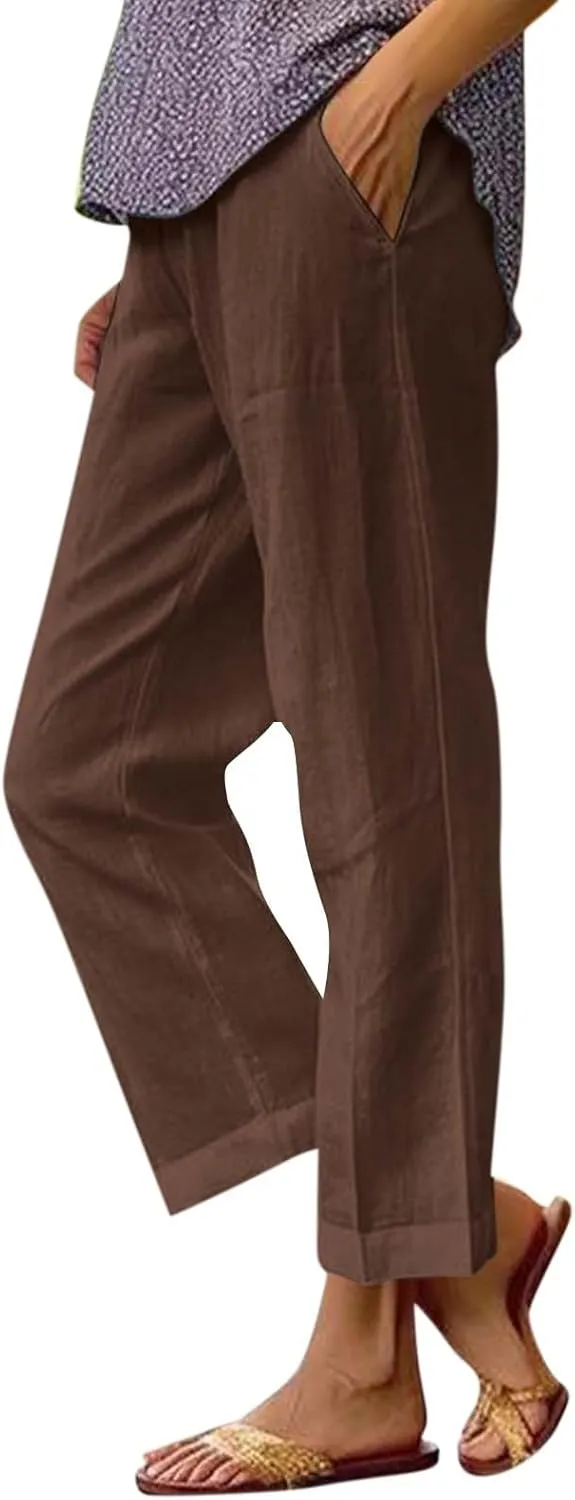 Lightweight Linen Pants for Women Summer Elastic Waisted Straight Leg Pants Casual Loose Fit Solid Color Trousers