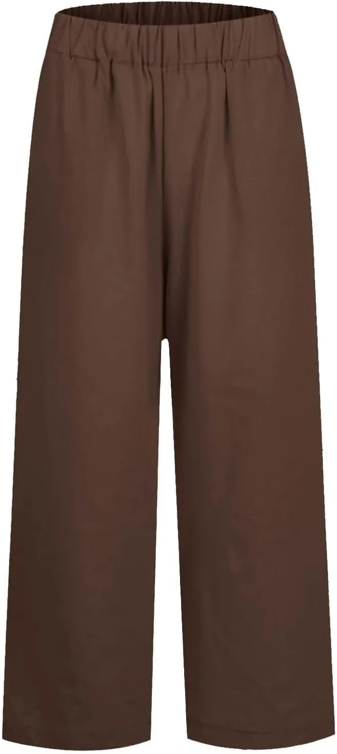 Lightweight Linen Pants for Women Summer Elastic Waisted Straight Leg Pants Casual Loose Fit Solid Color Trousers